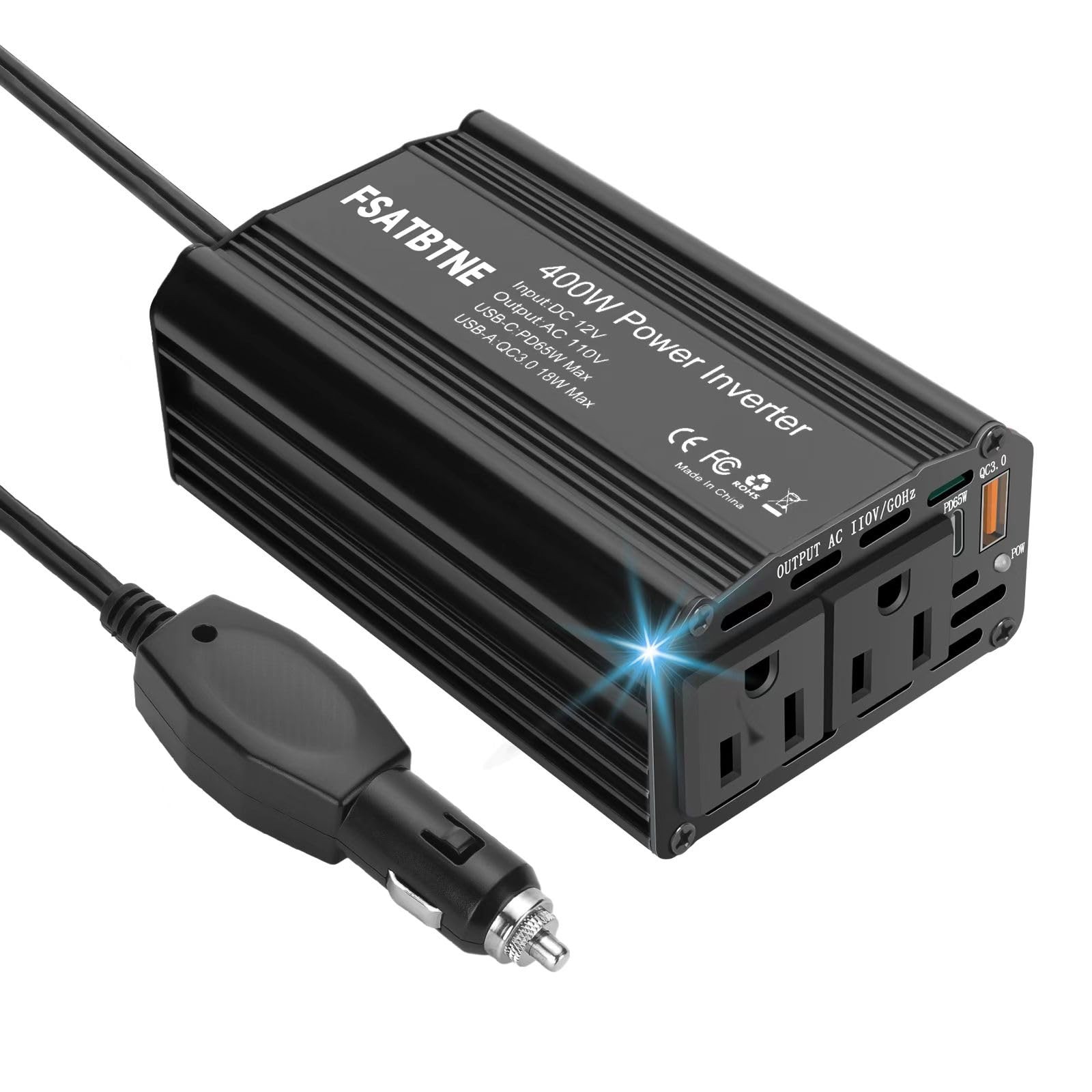 400W Power Inverter, DC 12V to 110V AC Car Plug Adapter Outlet Converter with...