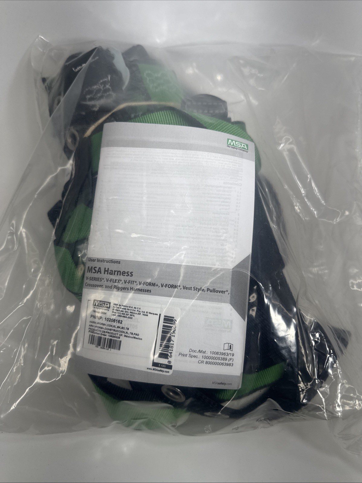 MSA 10206162 V-Form+ Construction Harness XL Polyester 310LB Back/Hip D-Ring