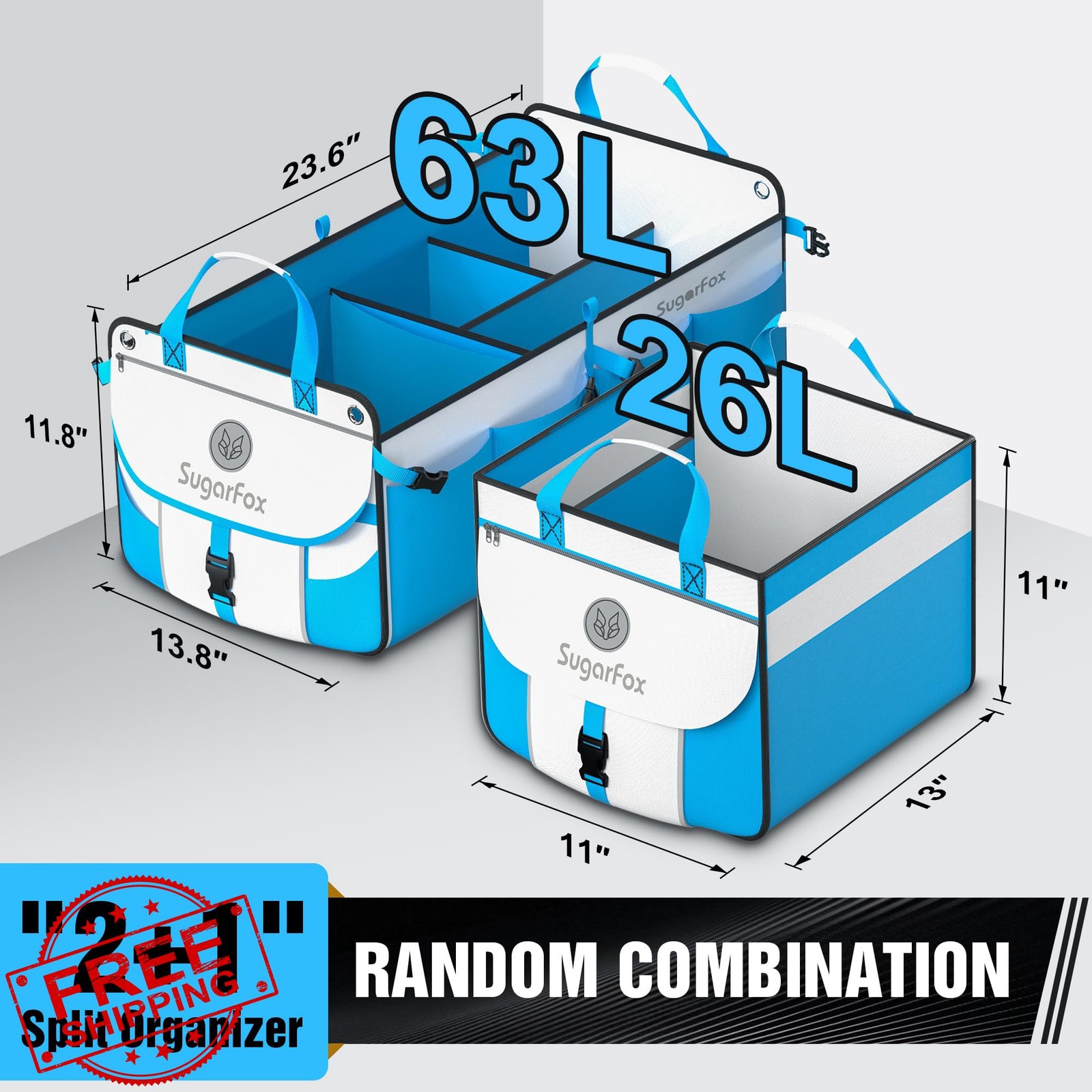SugarFox Blue 63L+26L Modular Car Trunk Organizer SUV Foldable