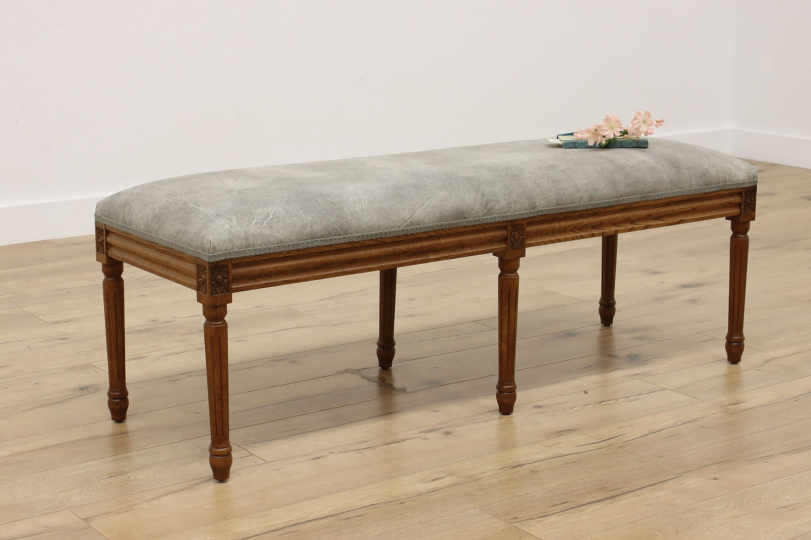 Country French Vintage Carved Mahogany Leather Hall Bench #55811