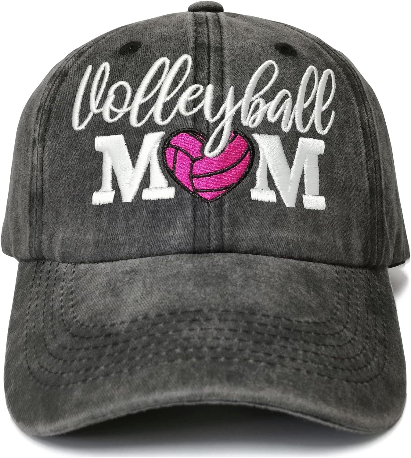 Shenbors Embroidered Baseball One Size, Volleyball Mom Heart (Washed Black)