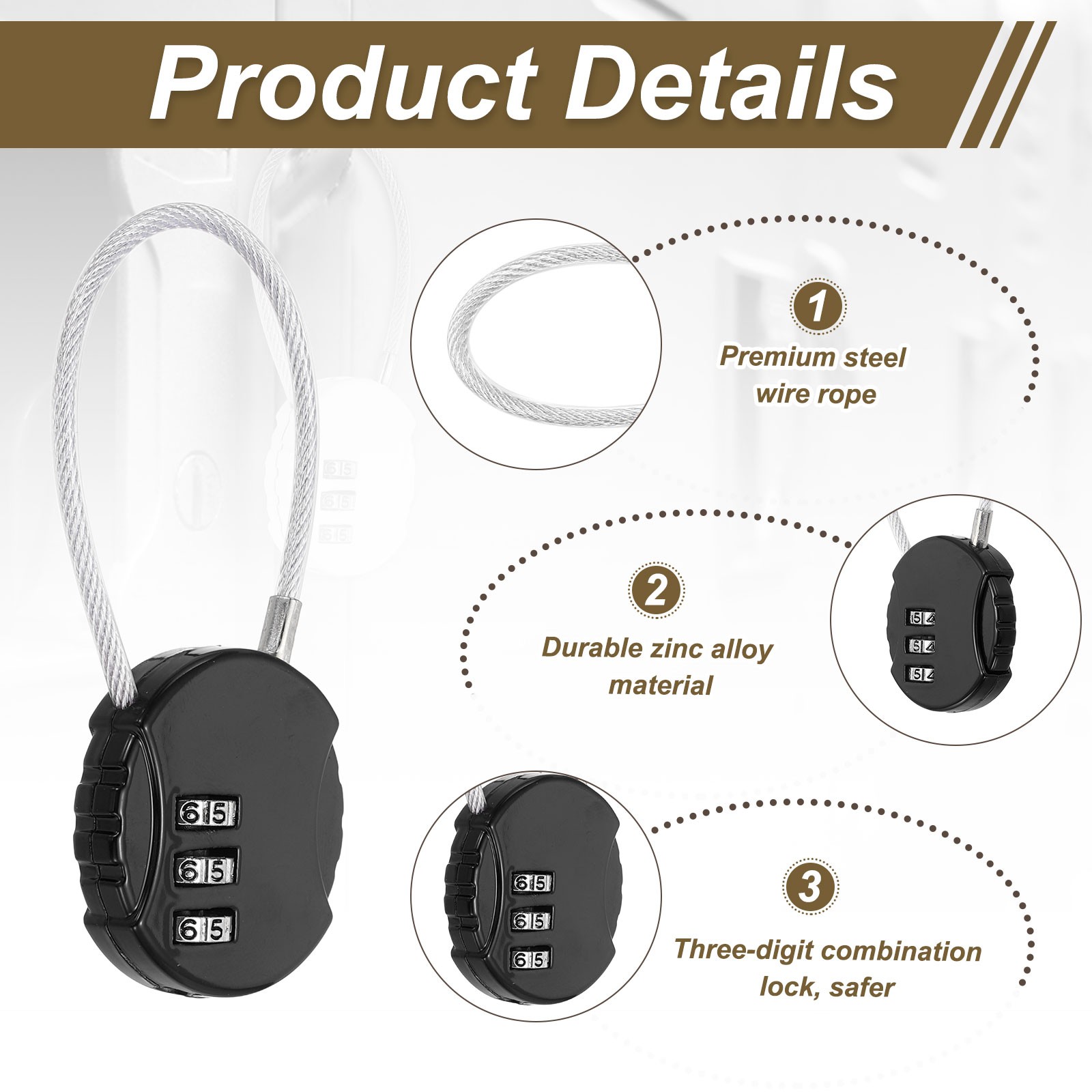 1-Pack Combination Padlock, 3 Digit Round Shaped Cable Luggage Lock [Black]