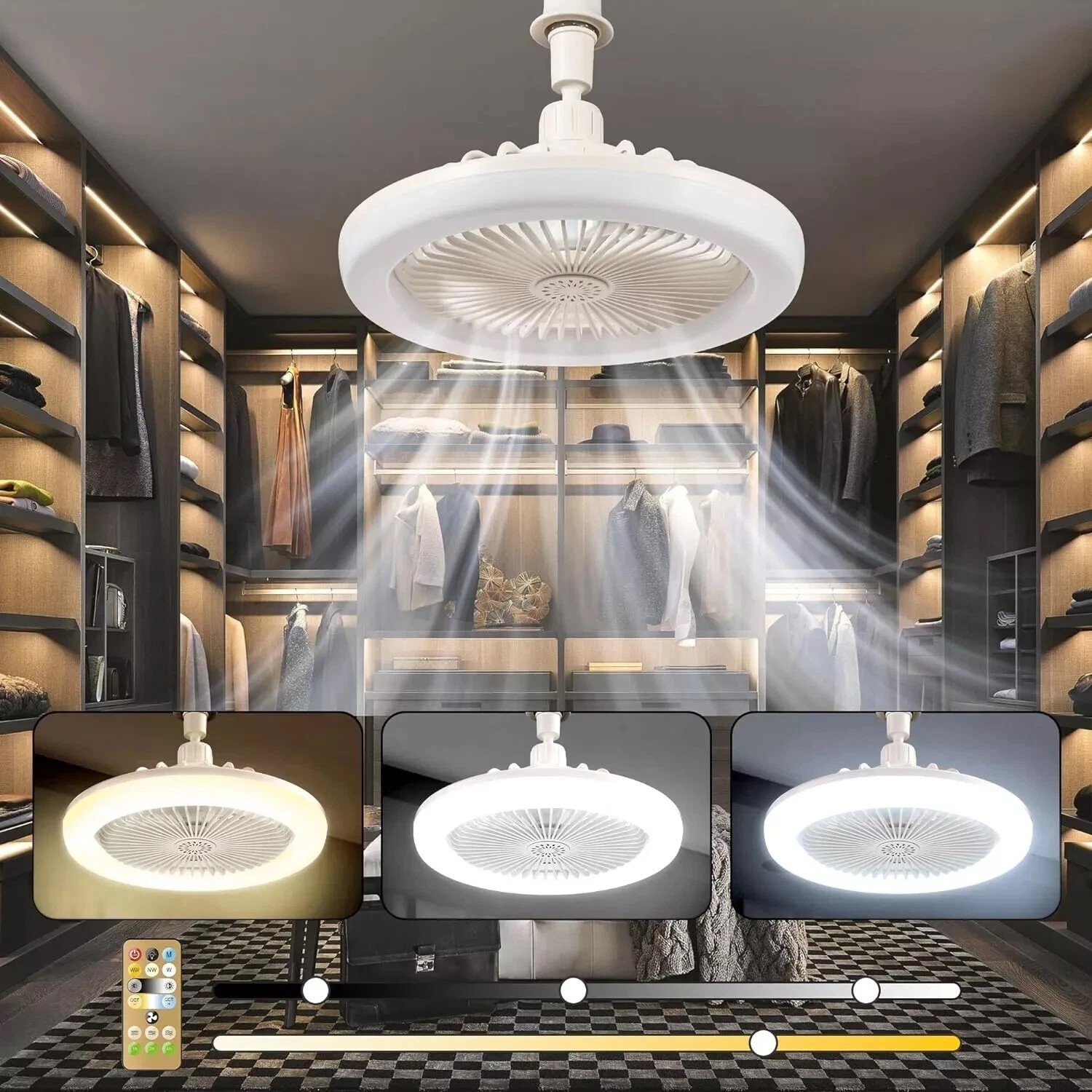 10" Adjustable E27 Socket Ceiling Fan Light 3-Color Temp LED Chandelier w/Remote
