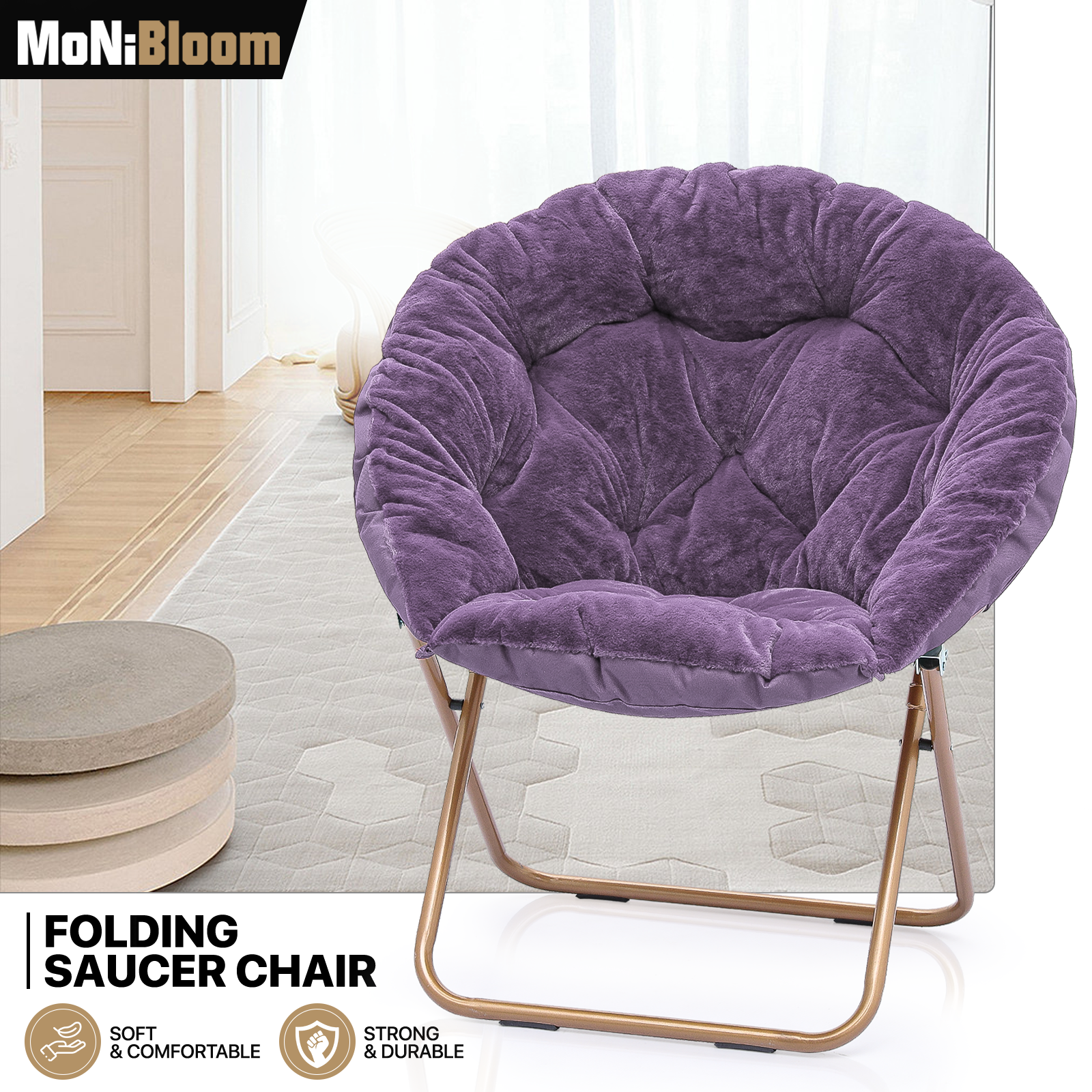 Purple Folding Faux Fur Saucer Accent Chair Padded Seat Moon Chair w/Metal Frame