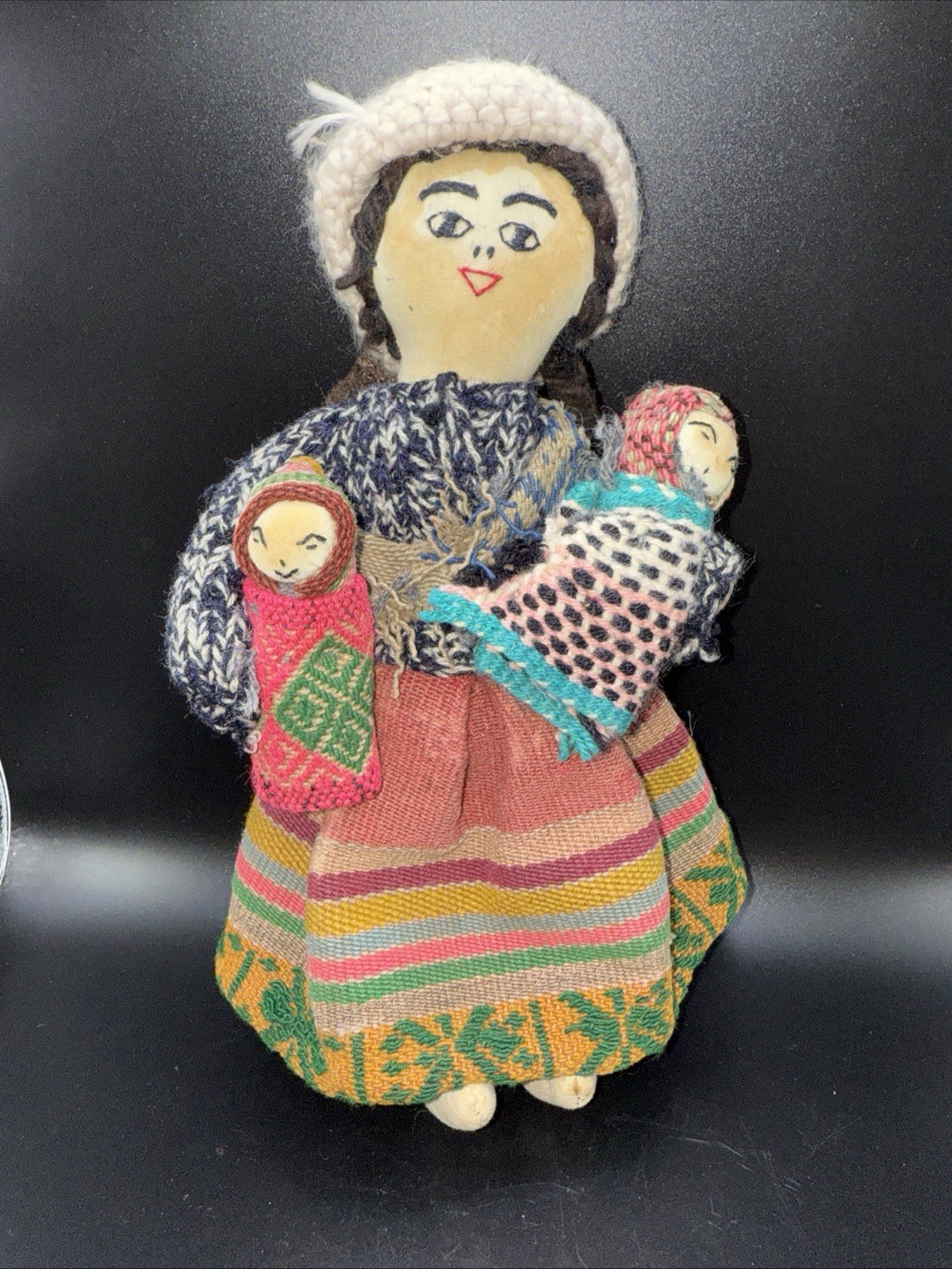 Handcrafted Doll South America Peruvian woman w/ 3 Babies  Heavy Woven Clothes