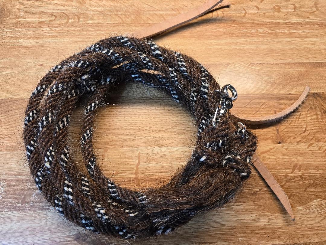 Mane Horsehair Split Reins w/ snaps - 8 feet 3/8" dia. Brown with Black