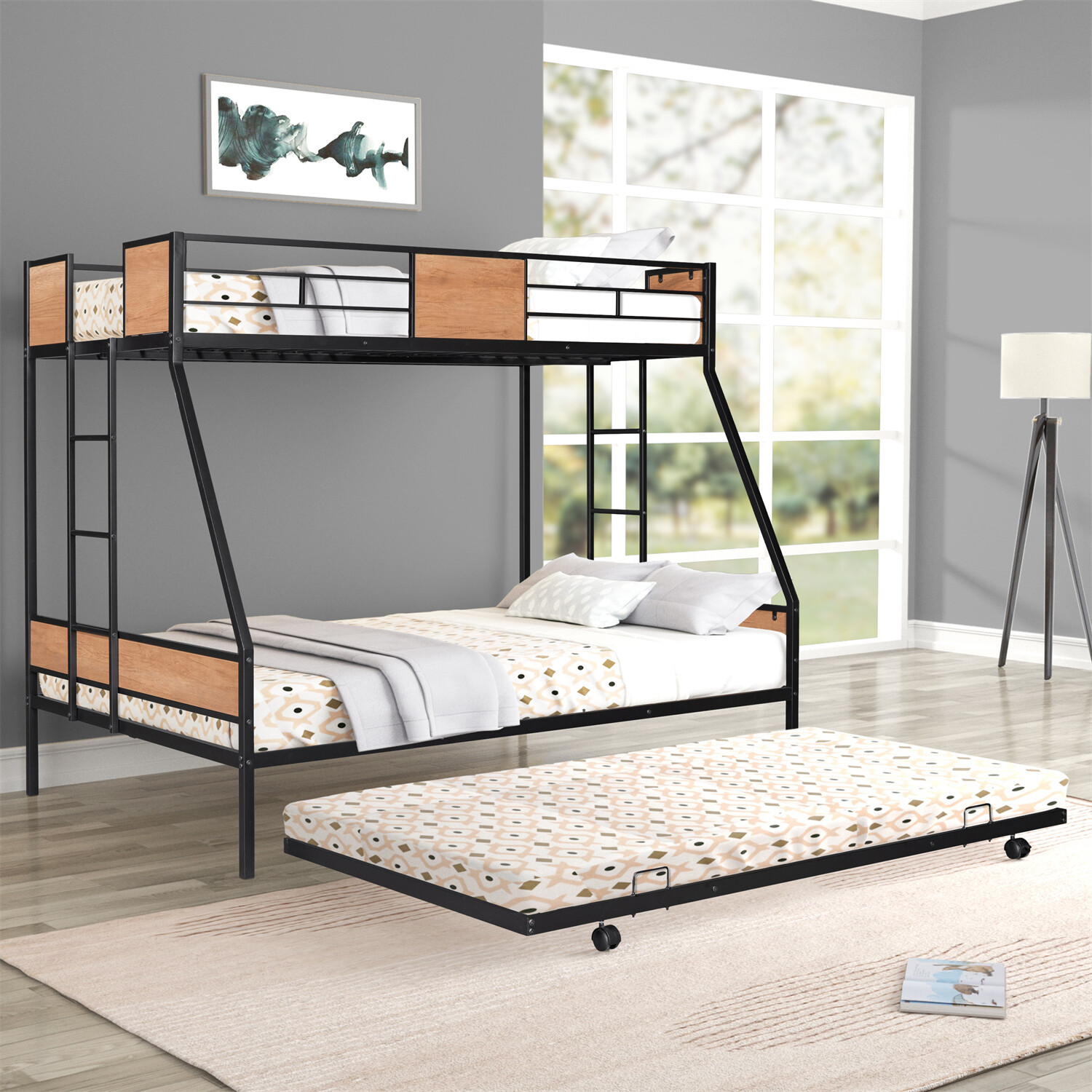 Twin Over Full Bunk Bed Heavy Duty Metal Bunk Bed Frame with Trundle White/Black