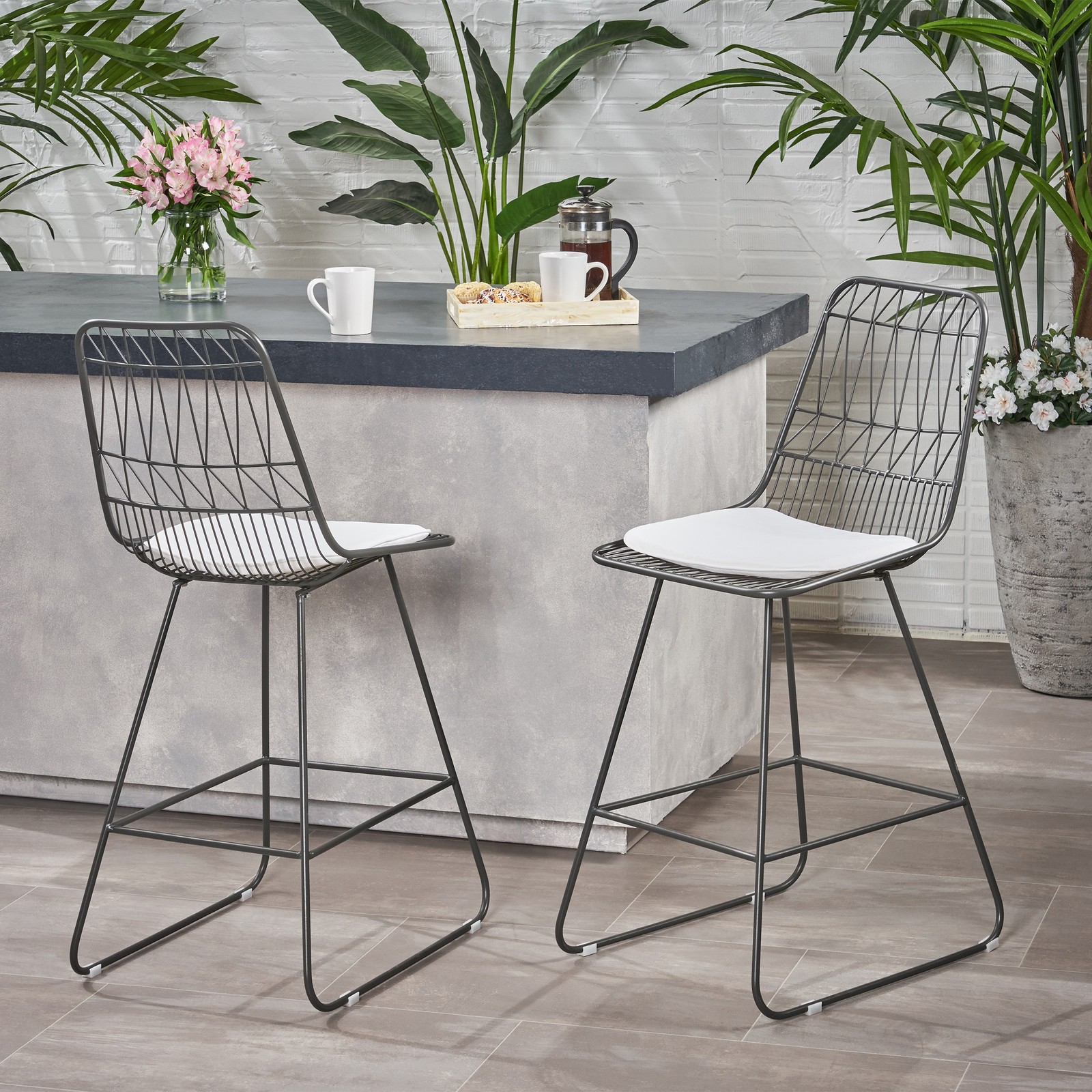 Modern Wire Counter Stools with Cushions (Set of 2) For Indoor & Outdoor