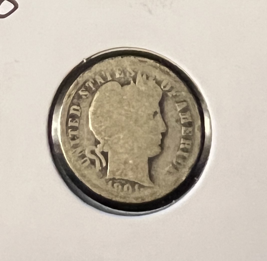 1901-O BARBER DIME GRADES GOOD/AG ACTUAL COIN #10054