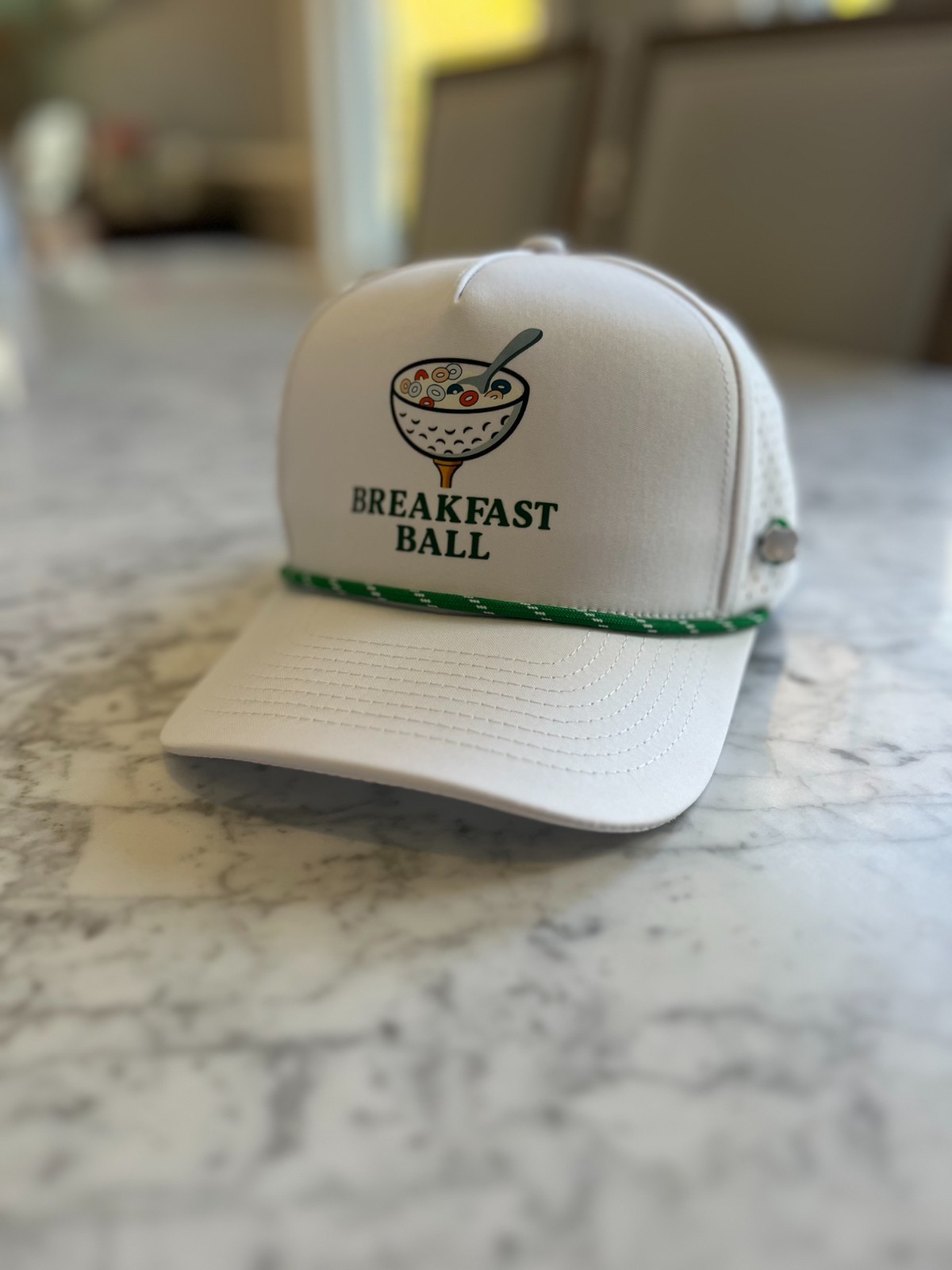 Breakfast Ball Golf Hat White Snapback w/ Tee Holder & Green Rope.  Adjustable.