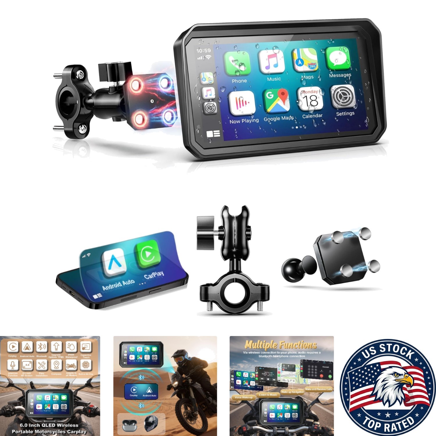 Waterproof 6" Motorcycle Display with Bluetooth, GPS & Quick-Release Mount