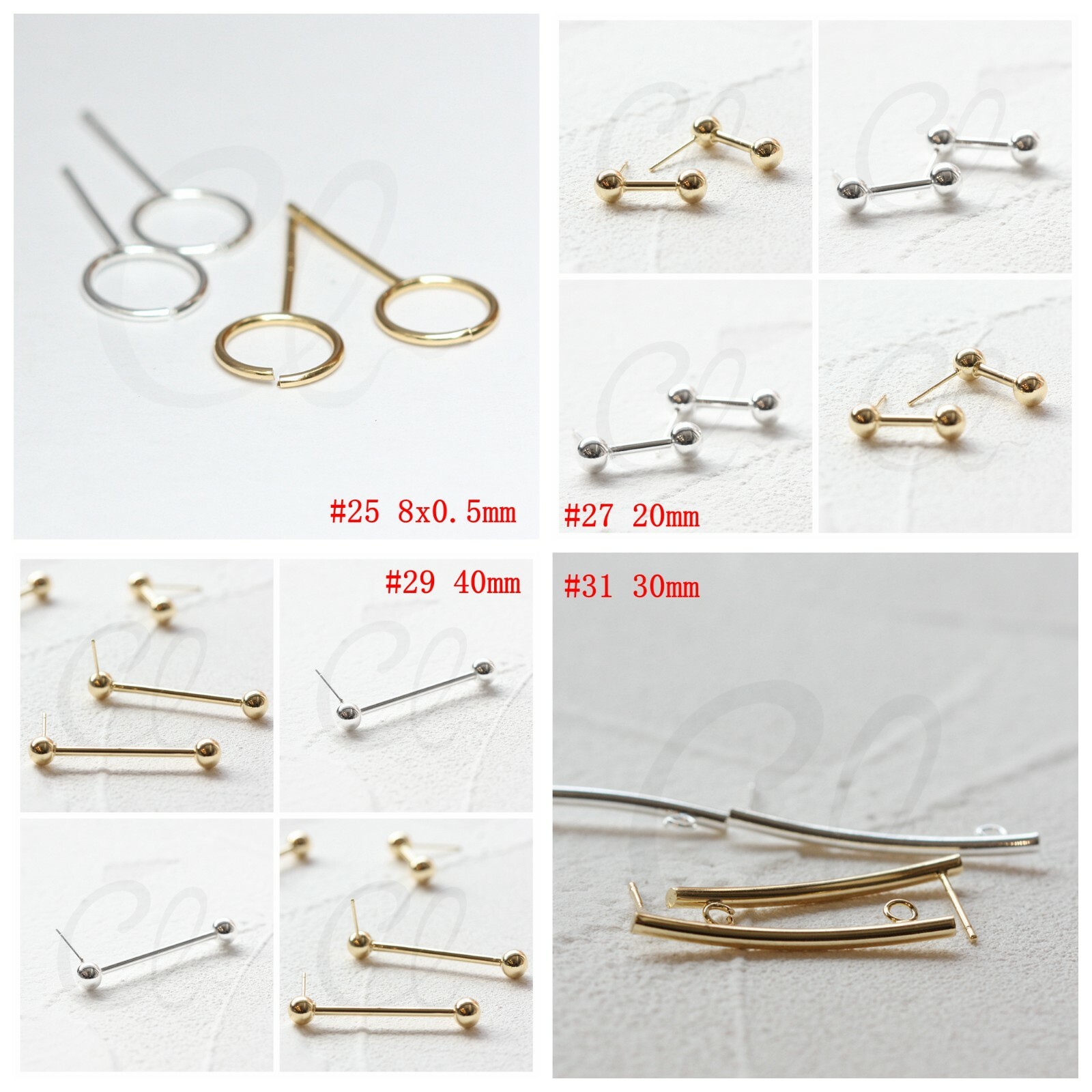 One Pair Premium Plated Brass Earring Post with Sterling Silver Pin (4529C)