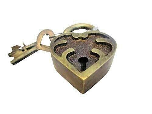 Handmade Vintage Style Heart Shape Brass Padlock with Keys Rare Door Padlock