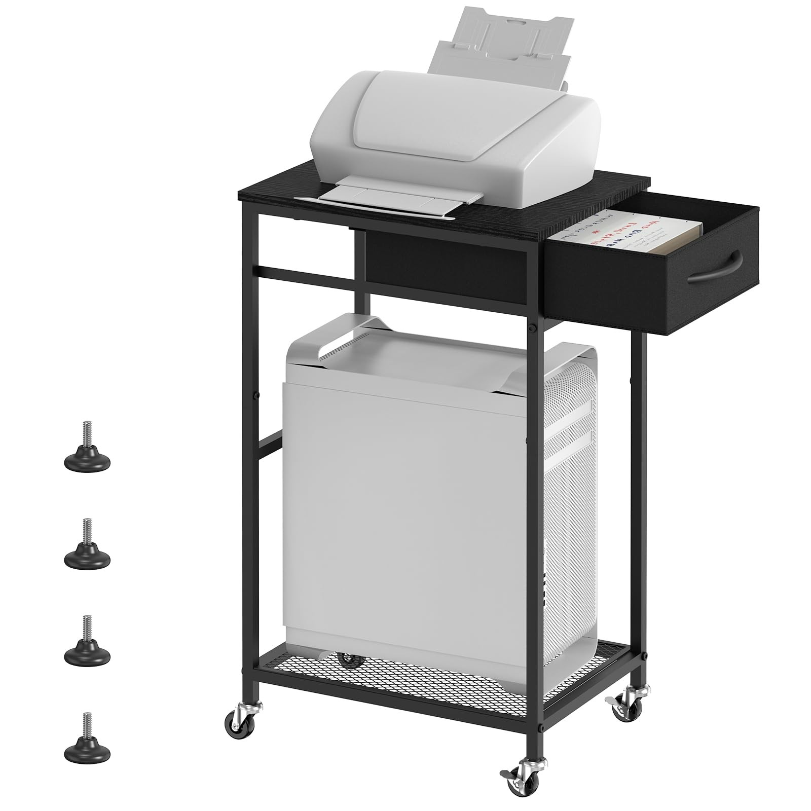 2 Tier PC Stand - Black Computer Tower Stand with Fabric Drawer, Modern Print...