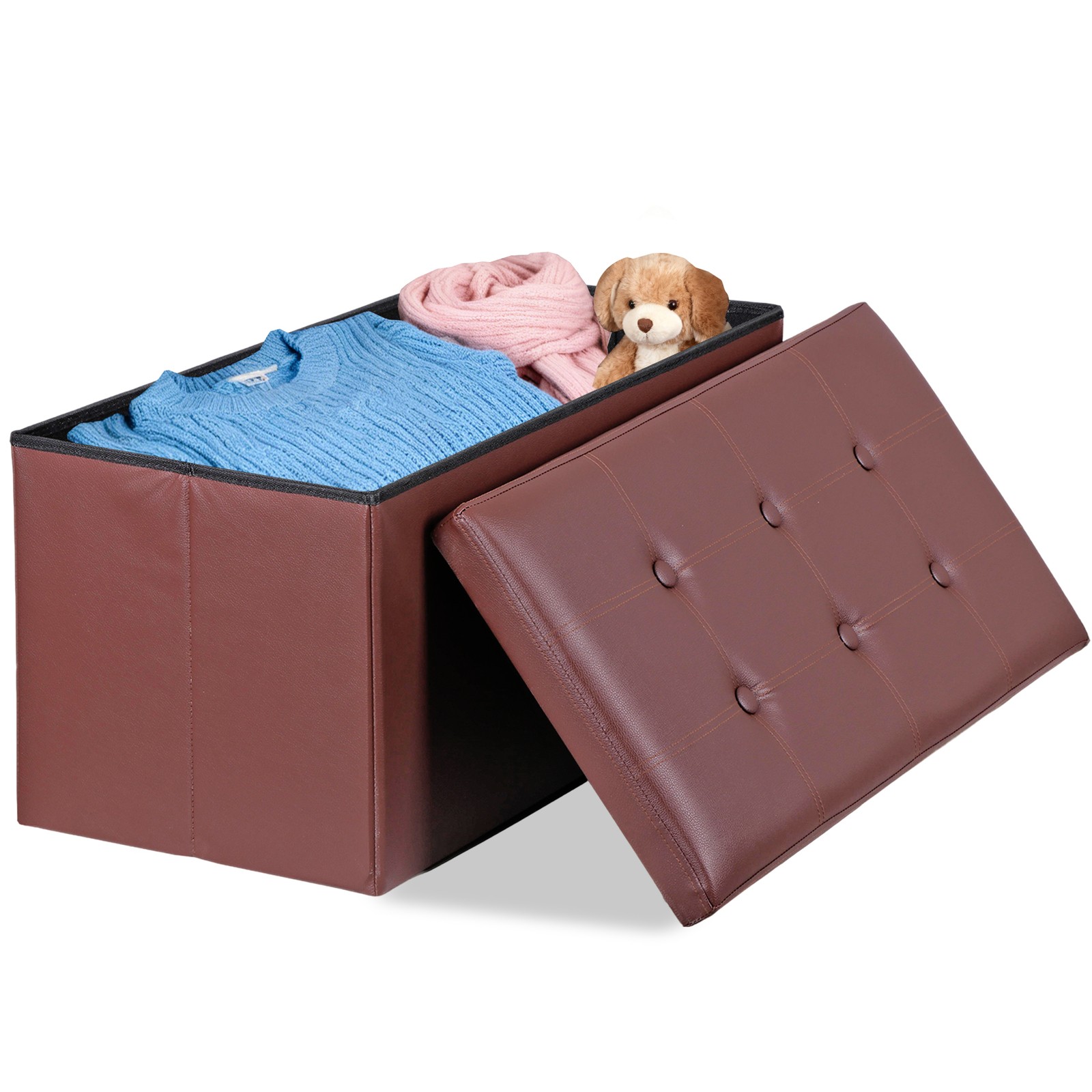 Brown Sturdy Ottomans Foot Bench Foldable Storage Footstools Spacious Organizer