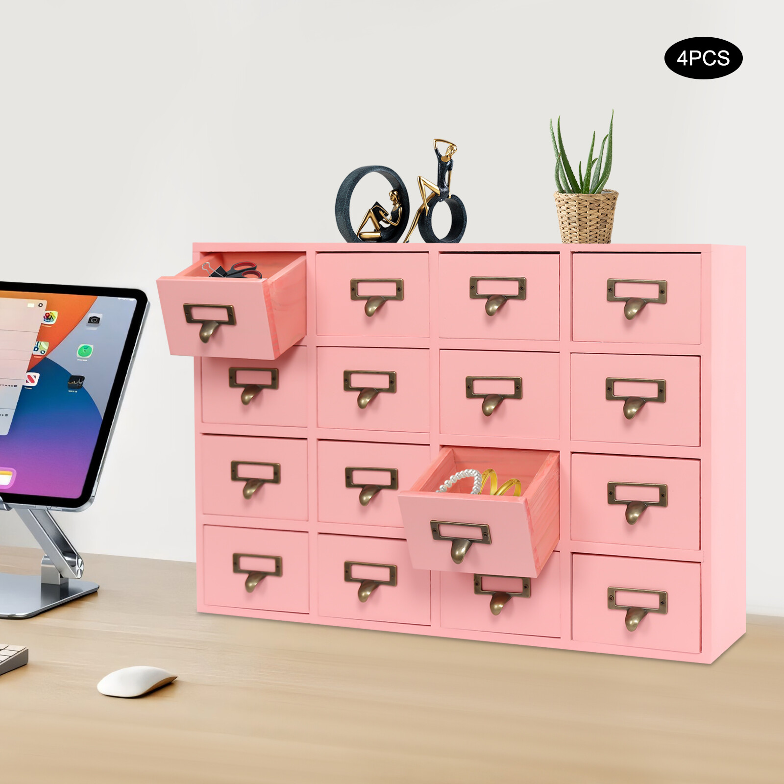 4 PCS 16-Drawer Pink Cabinets Rectangle Storage Cabinet 64-Drawer Storage Box