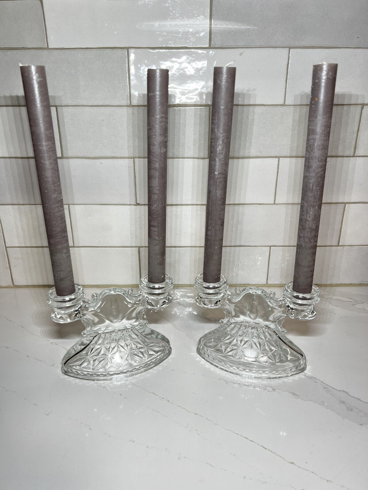 Pair Of 1930’s Pressed Glass Ornate Candle Holders