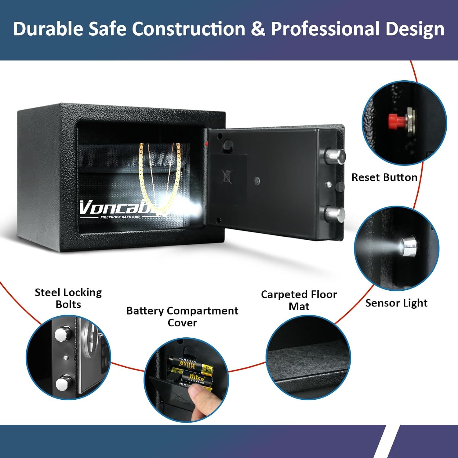 Home Security Safe Box with Sensor Light & Fireproof Money Bag