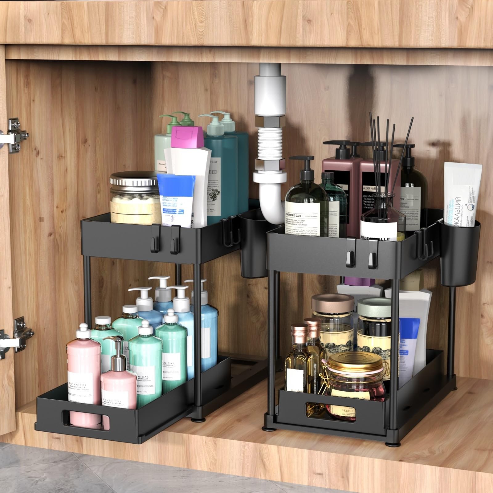 2 Pack Under Sink Organizer with Pull-Out Drawer, Large Single-layer, Black