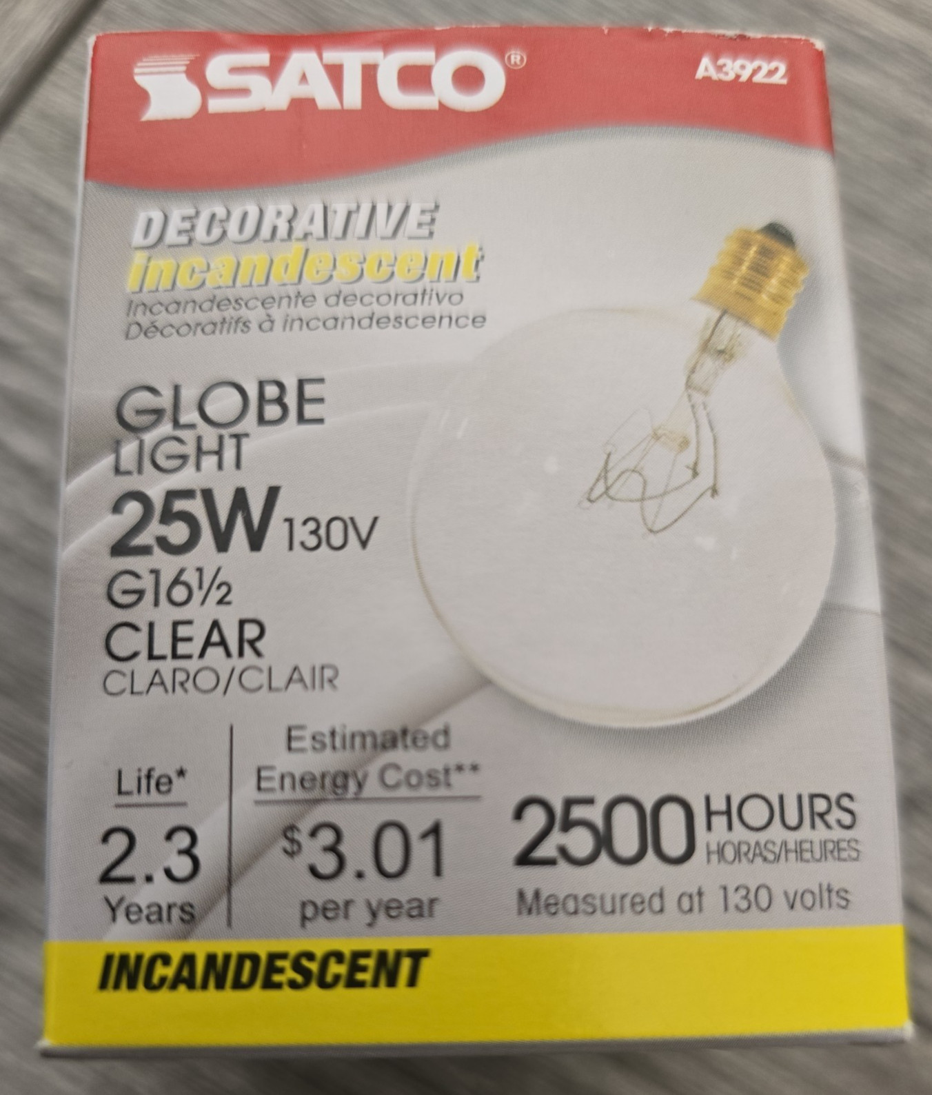NEW Satco A3922 130V Candelabra Base 25-Watt G16.5 Light Bulb, Clear