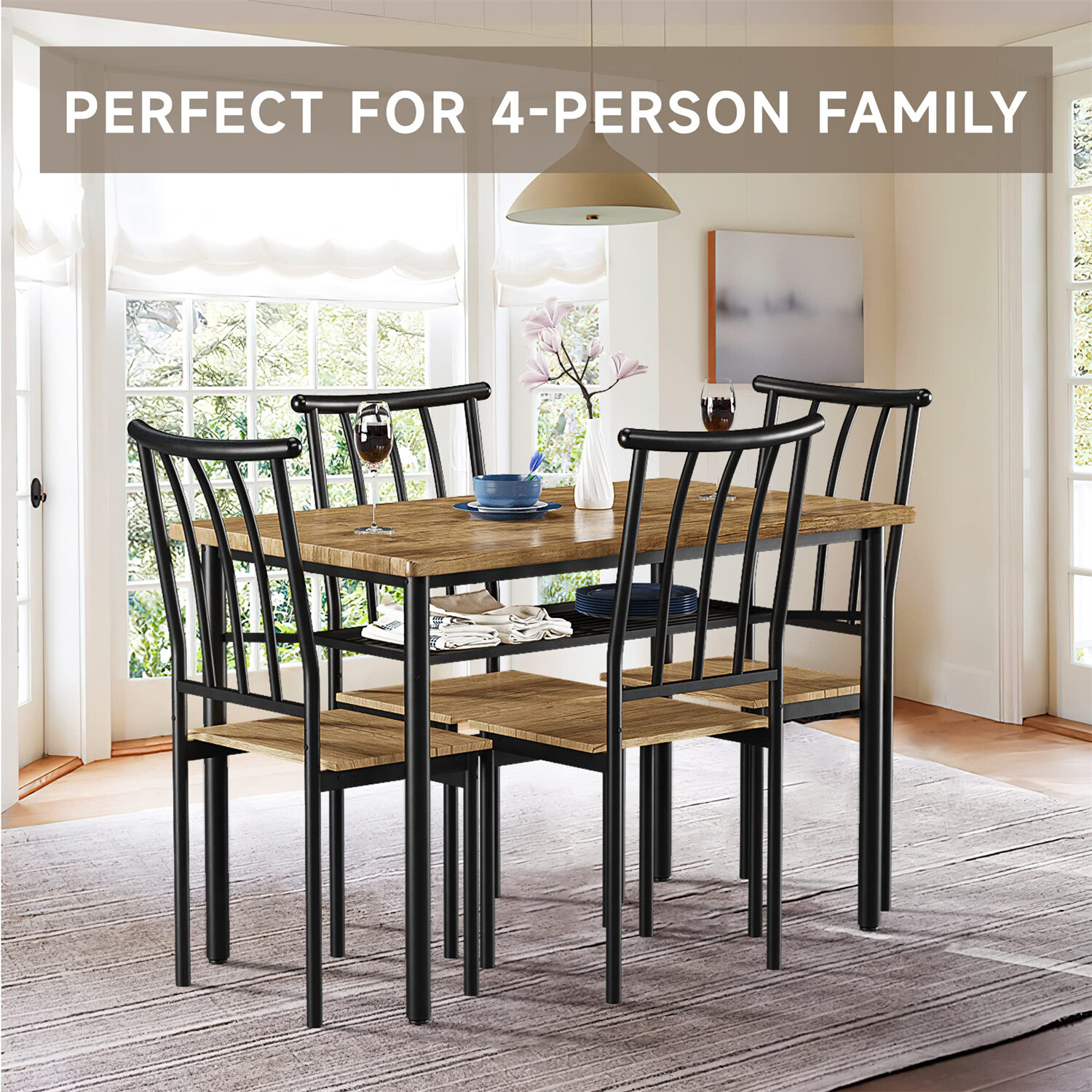 ✅5 Piece Dining Table Set for 4 Kitchen Table and Chairs with Storage Rack Wood