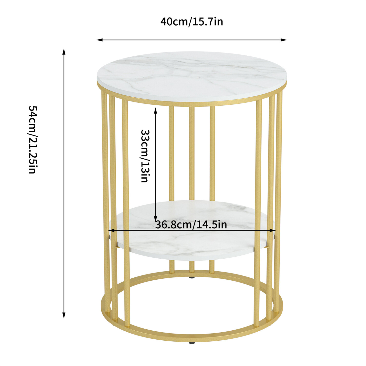 Gold Side End Table, 2 Tier Round Marble Side Table with Storage Shelf Modern