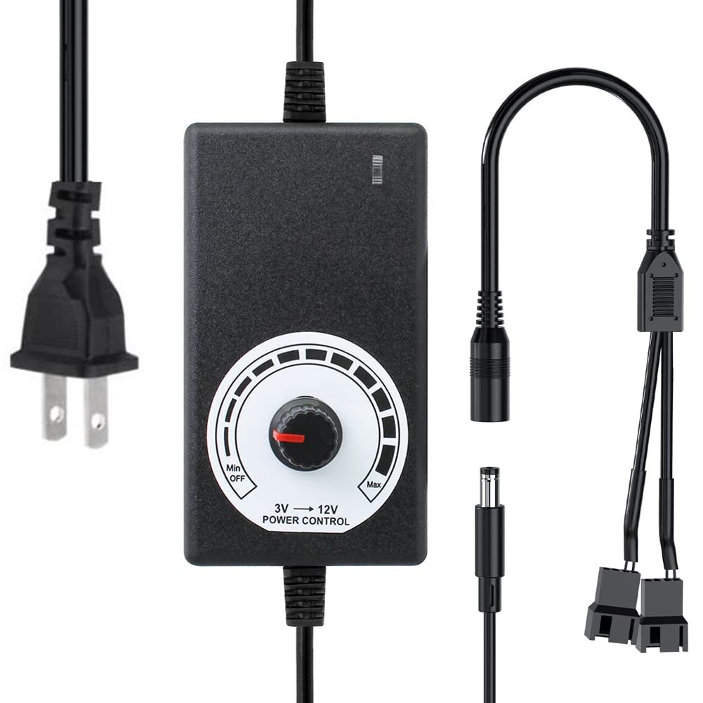 Delinx 12V Power Supply, PC Fan Speed Controller, 100-240vAC to 3-12vDC Black