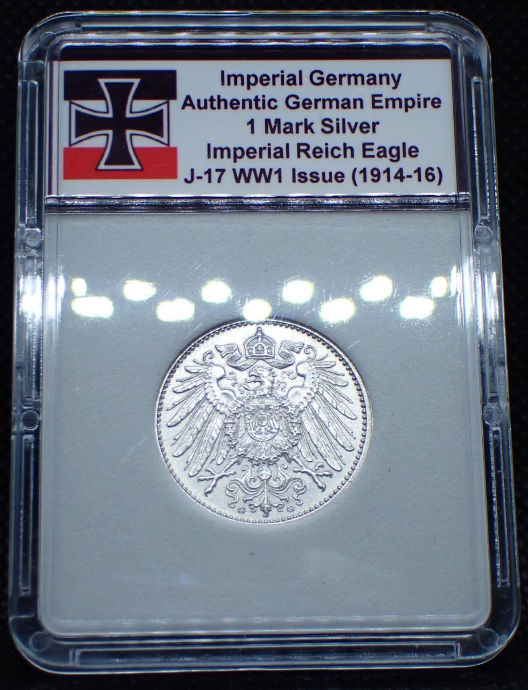 Imperial Germany Silver *1915-G* WW1 1 Mark Eagle Coin Rare Empire in Case J.17
