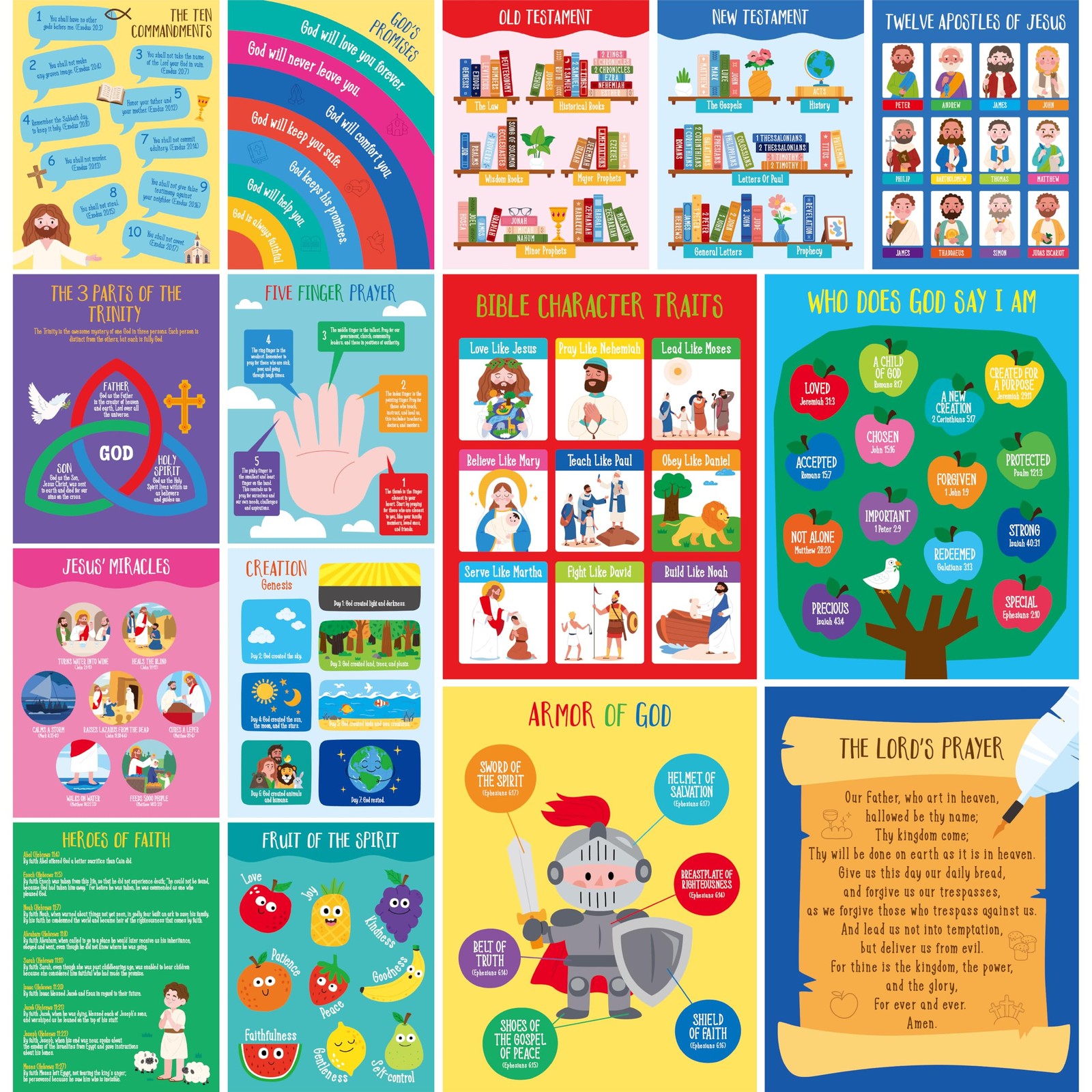 15 Bible Posters for kids, Thick (14.5” x 11”), Multicolor