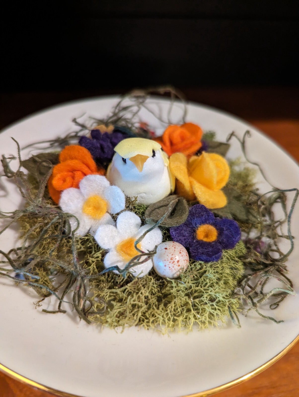 Home decor Teacup, felt flowers and bird nestled in moss & tiny egg, Gift Idea!