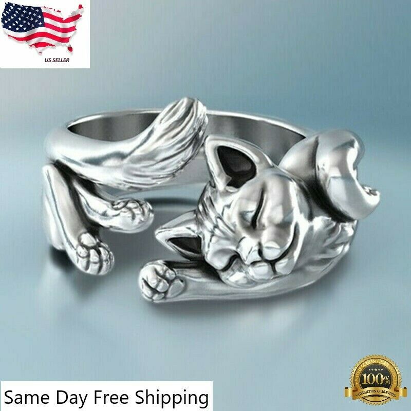 Fashion Cat Shaped 925 Silver Plated  Ring for Women Party Jewelry US Size 5-11