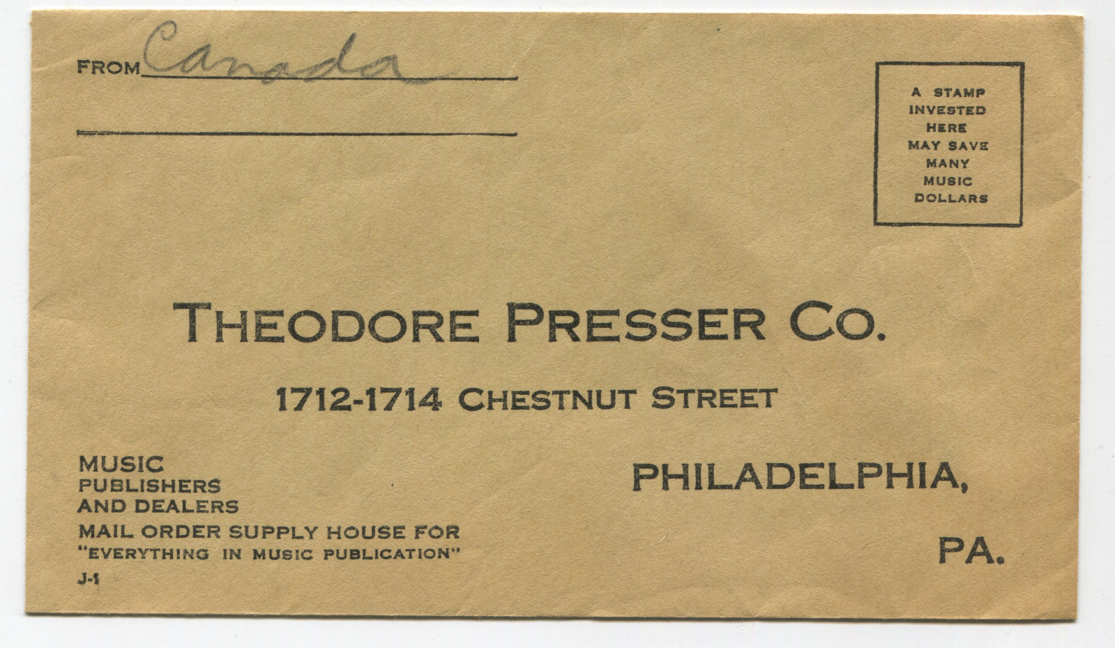 Theodore Presser Co Philadelphia Vintage Advertising Mailing Envelope Unused