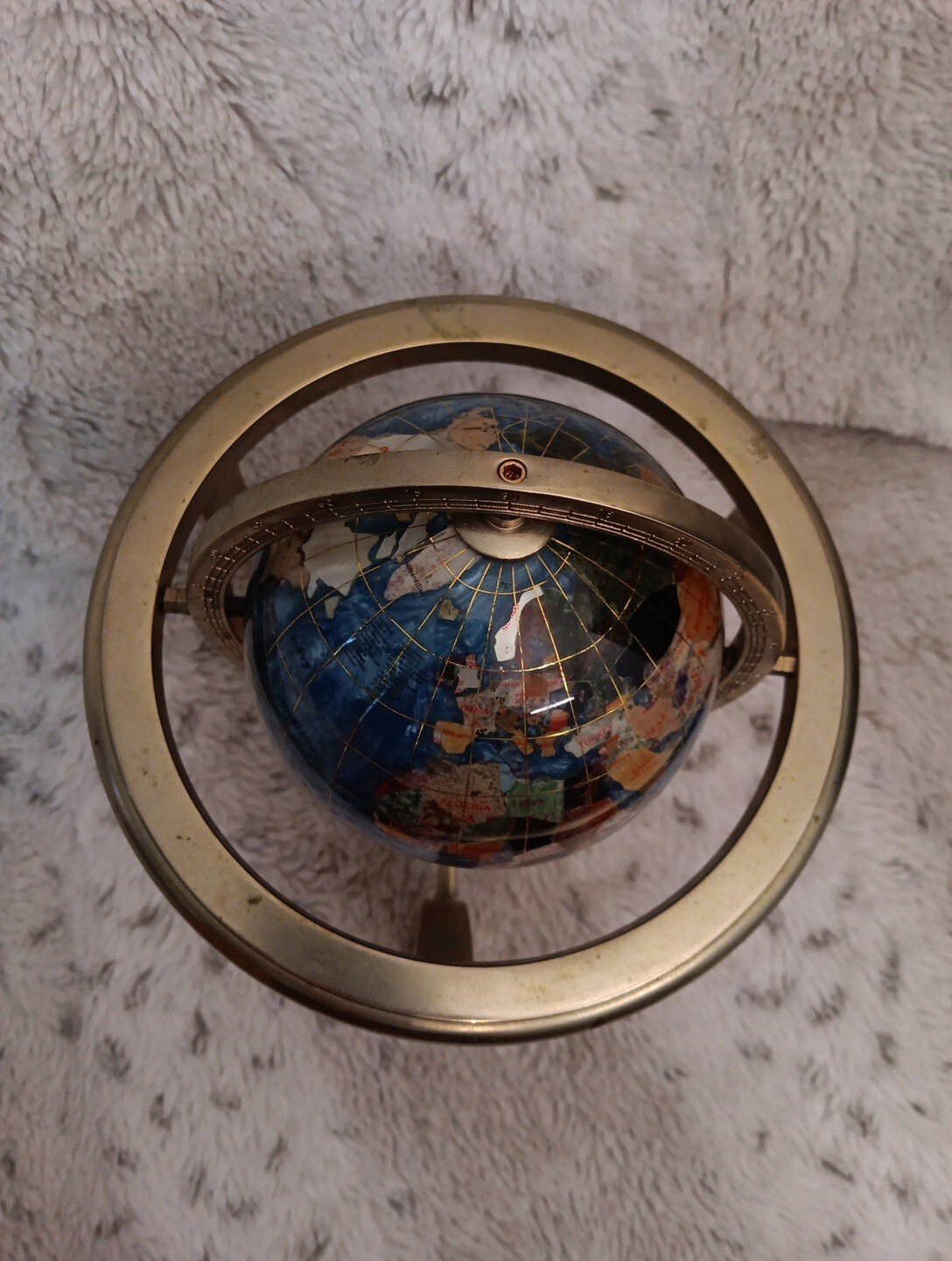 Gemstone Inlay Tabletop World Globe With Brass Frame & Compass 9" Tall