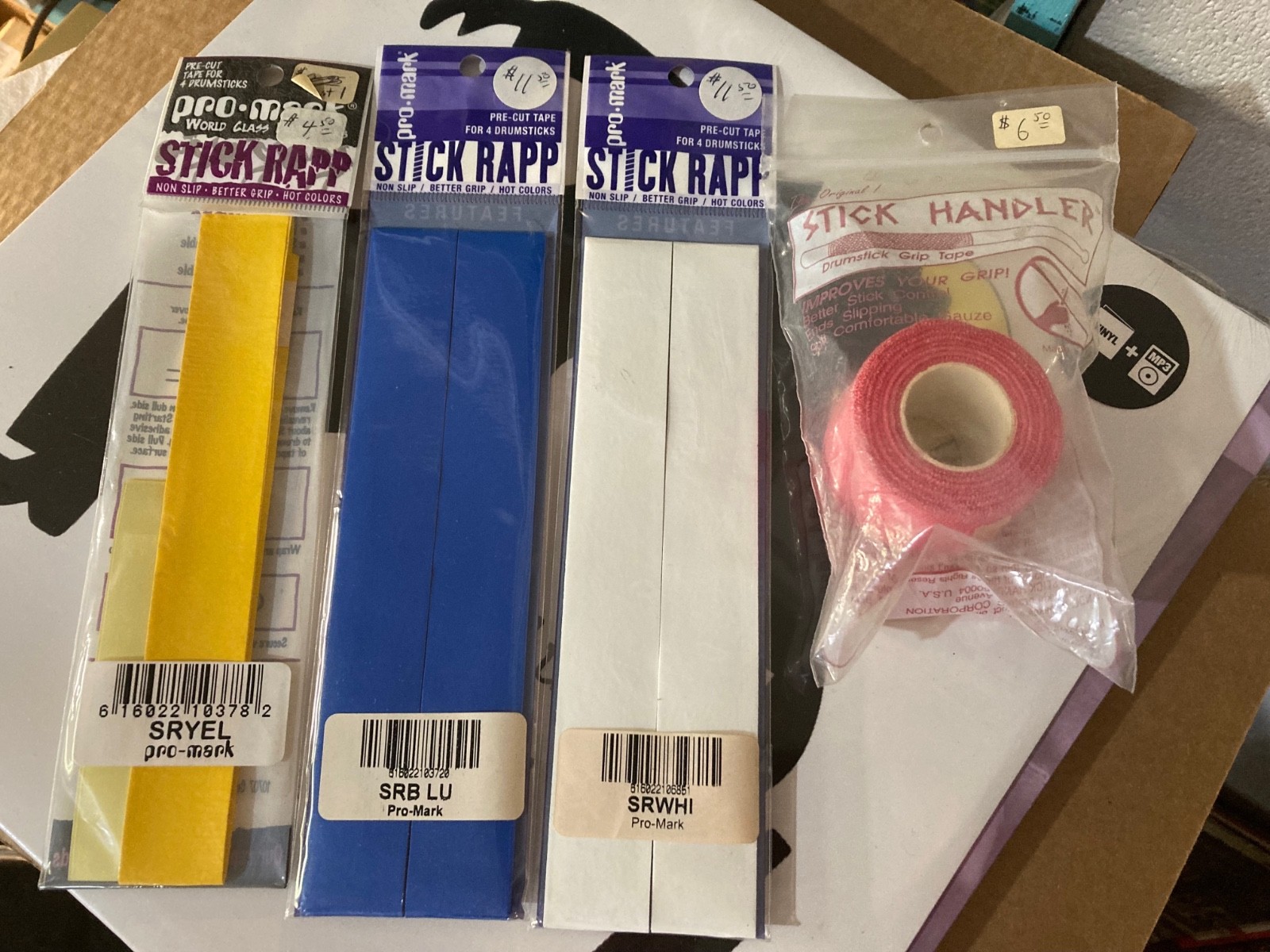 LOT of 3+1 Pro Mark Stick Rapp SRBLU SRWHI SRYEL Drum Stick Grip Tape Blue White