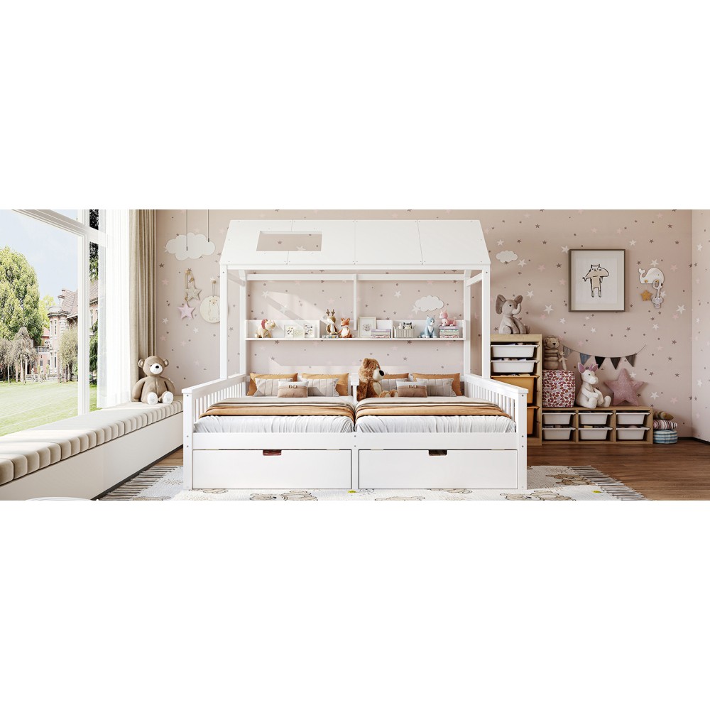 White Double Twin Platform Bed w/ Storage Shelves & Drawers