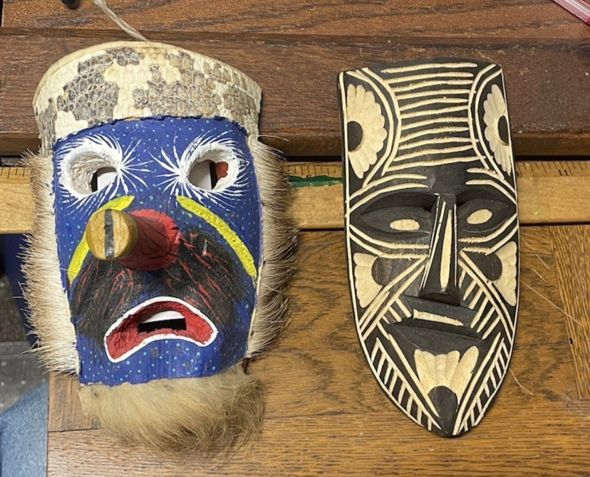 2 Wooden Masks Snake Skin Hair 7” TRIBAL