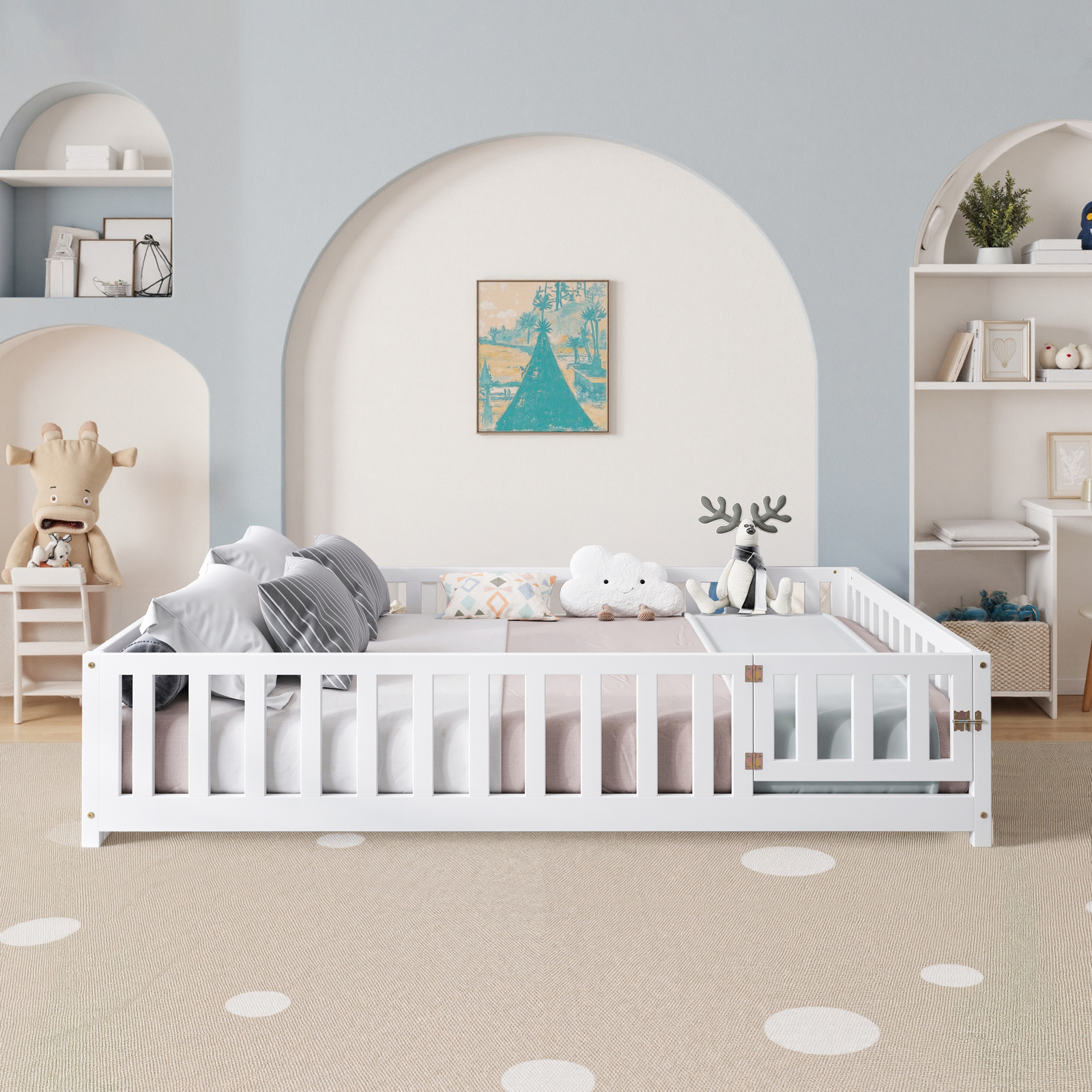 Full Size Floor Platform Bed with Fence and Door for Kids, Montessori Floor Bed