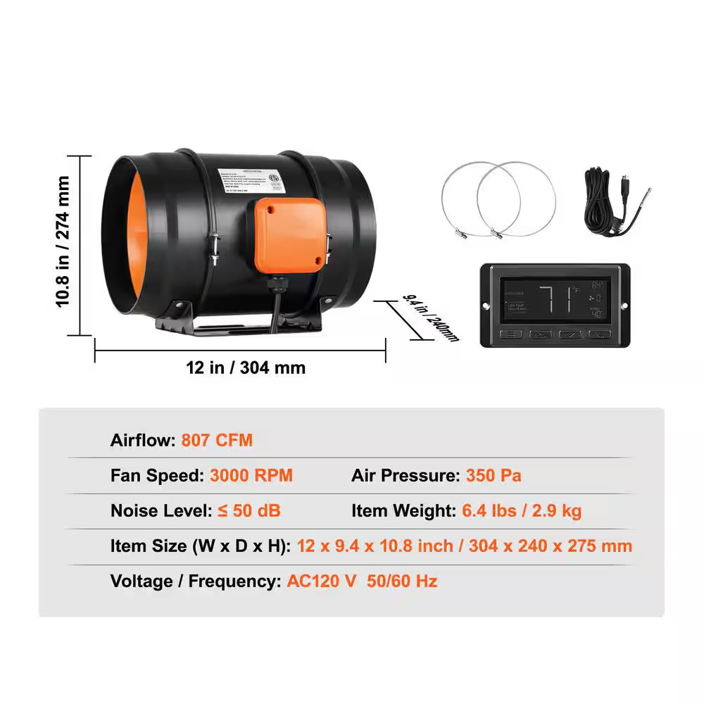 Inline Duct Fan, 8-In. 807 CFM with Temperature Humidity Controller, Quiet Ec-Mo