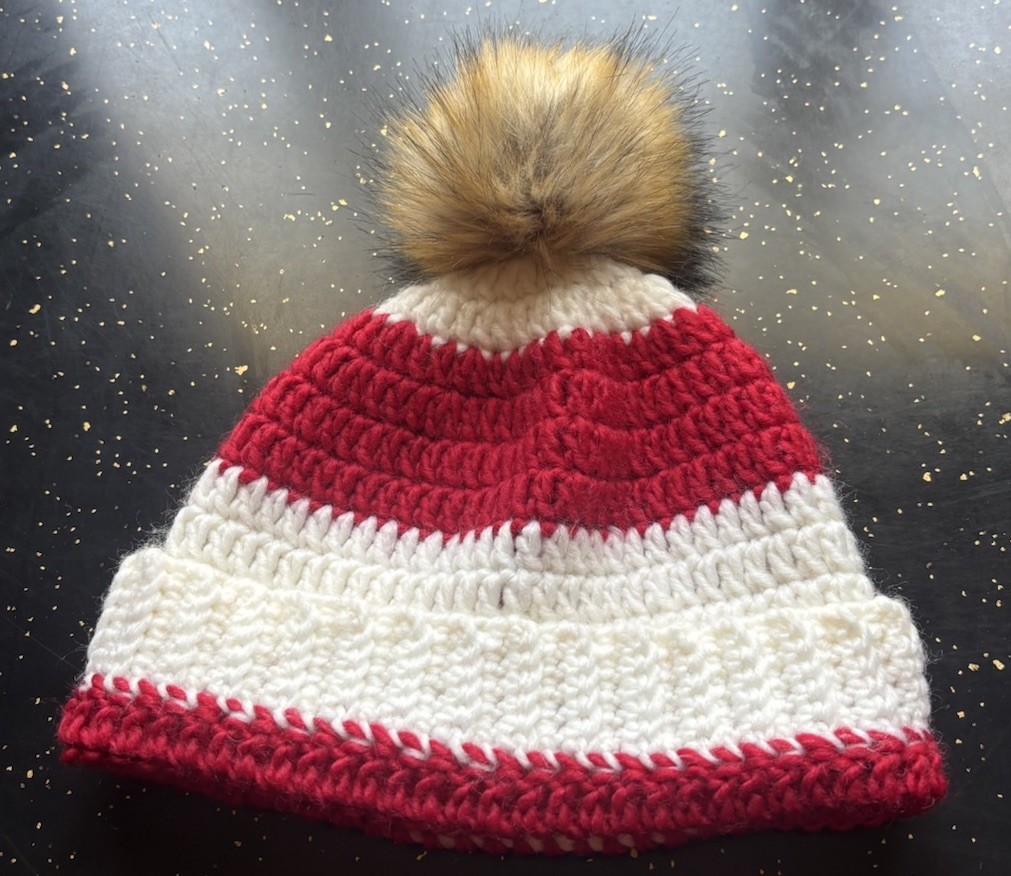 Handmade Knit Pom Beanie Red White Winter Hat Faux Fur Pom Adult One Size