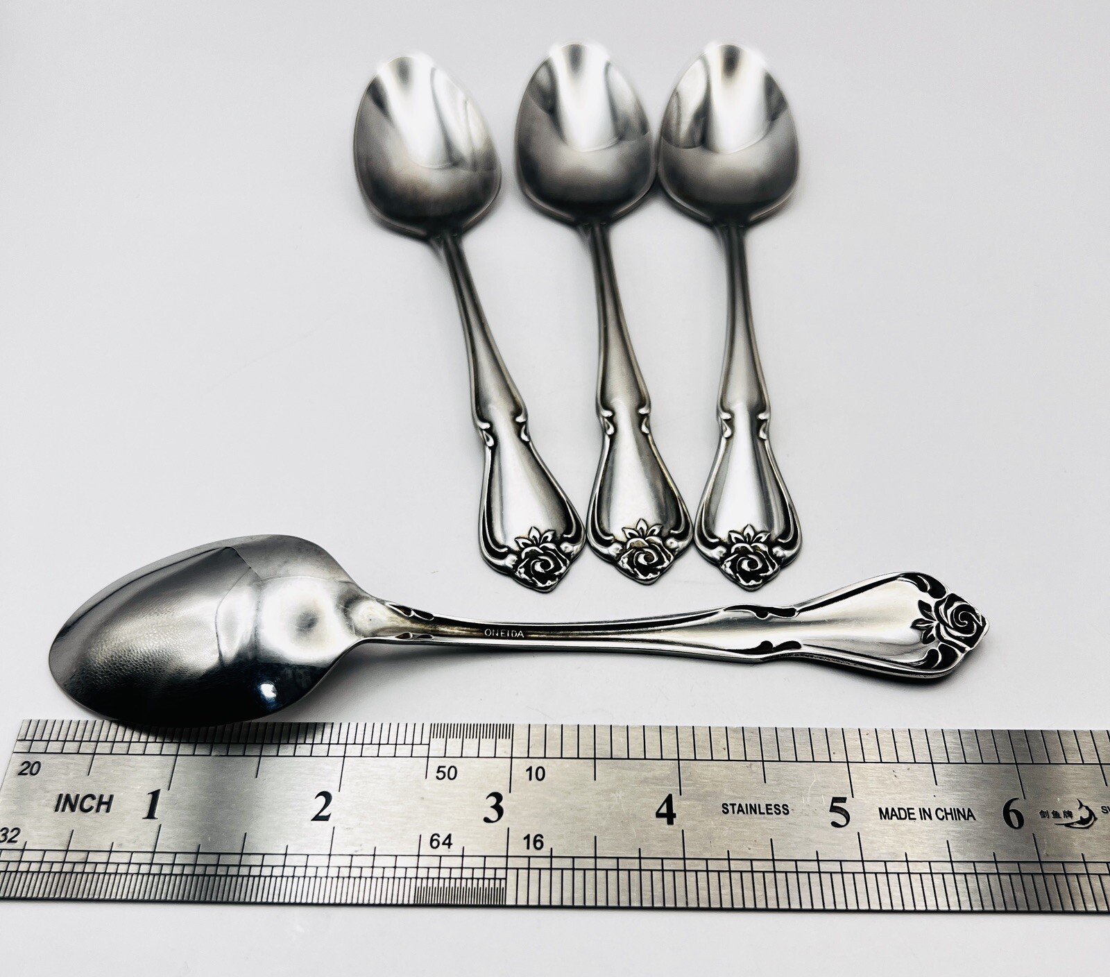 4 Oneida Ltd Arbor Rose / True Rose Teaspoons Stainless Flatware 6”