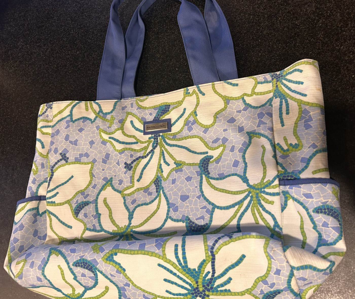 Jim Thompson canvas beach bag-  blue mosaic, water resistant