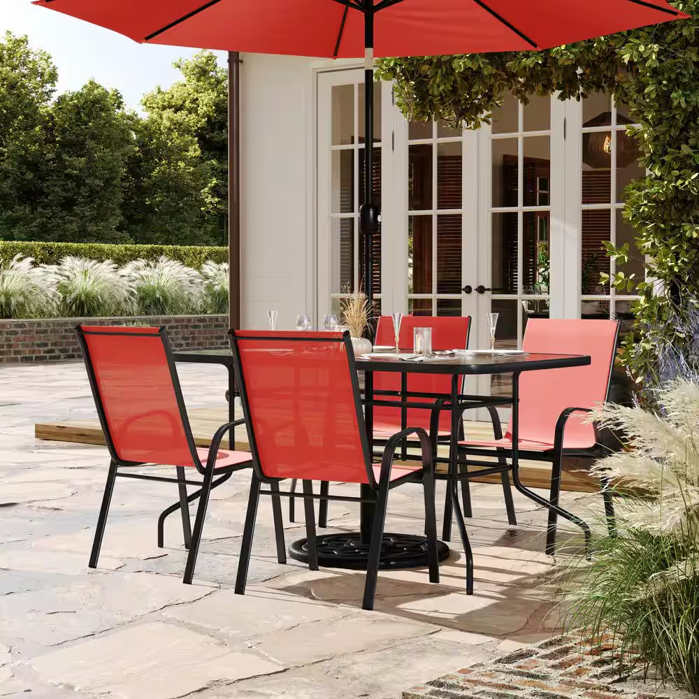 Brazos Red 5-Piece Metal Rectangular Table and 4-Red Flex Comfort Stack Chairs O