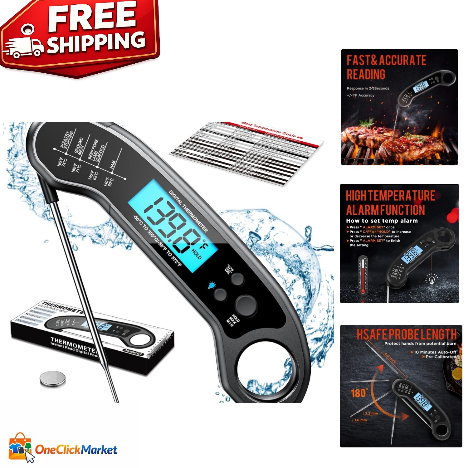 Digital Meat Thermometer Instant Read Thermometer Waterproof Food Thermometer