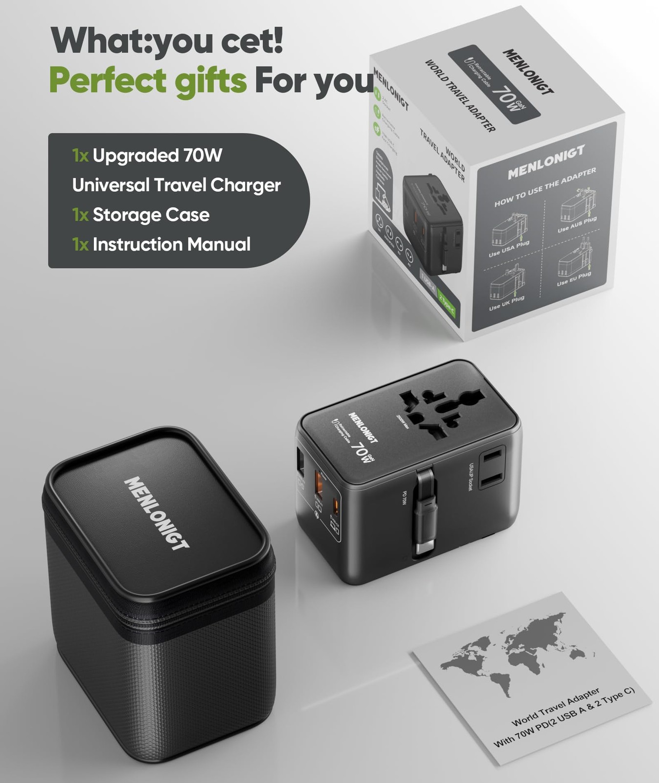 70W GaN Universal Travel Adapter with Retractable USB-Cable, Fast Wall Charge...