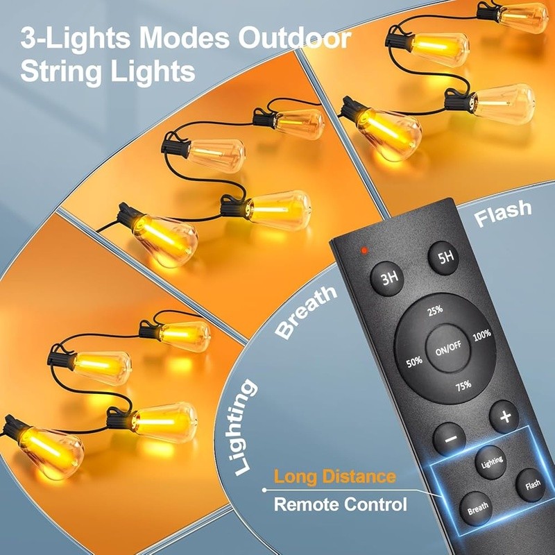 Dimmable Remote Control LED Outdoor String Lights 100FT Shatterproof Waterproof