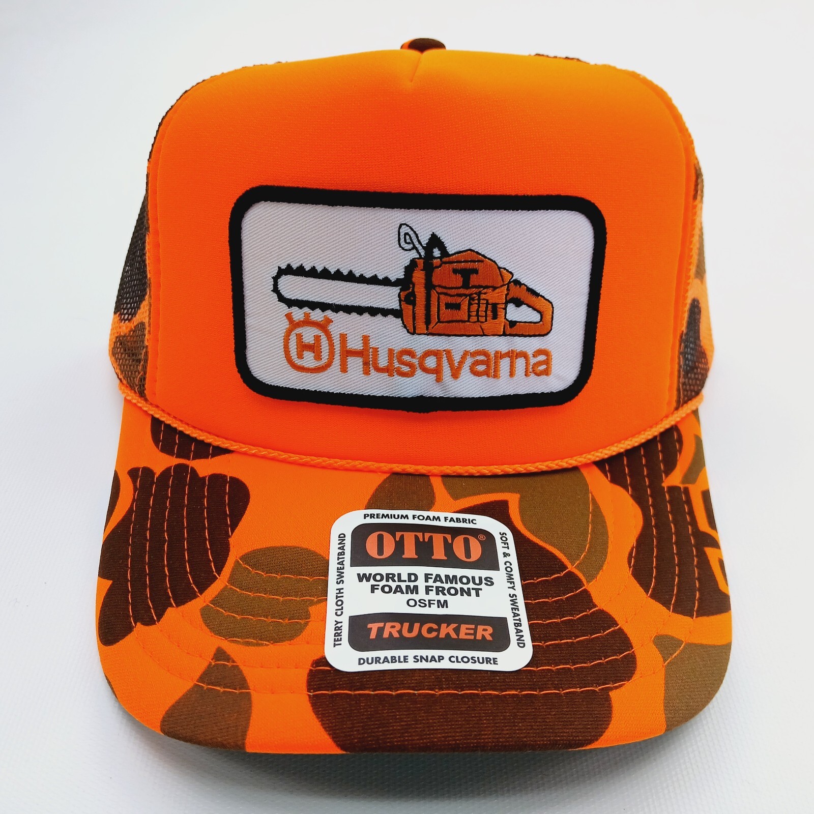 Orange Hi Vis Camo Mesh Snapback Husqvarna Patch Otto Hat