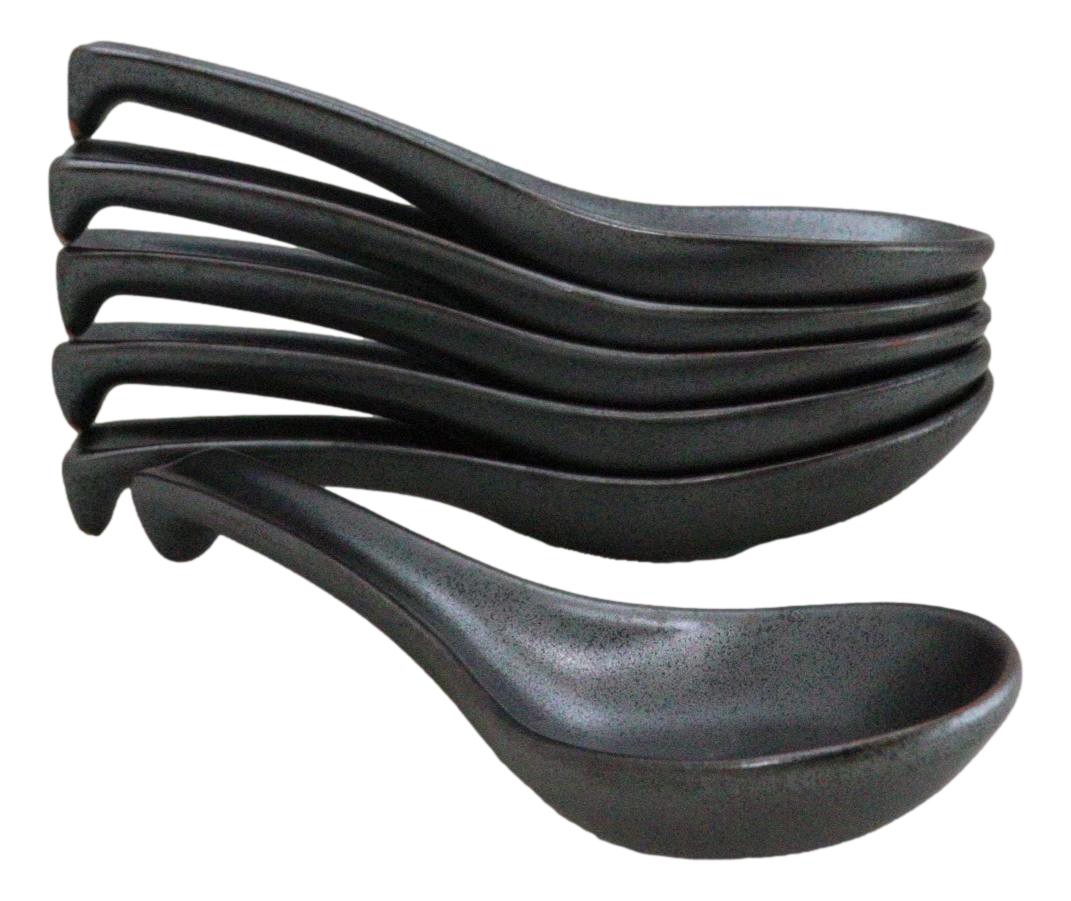 Pack of 6 Black Tetsu Kesho Ceramic Asian Soup Spoons With Hook Ends 5.75"L