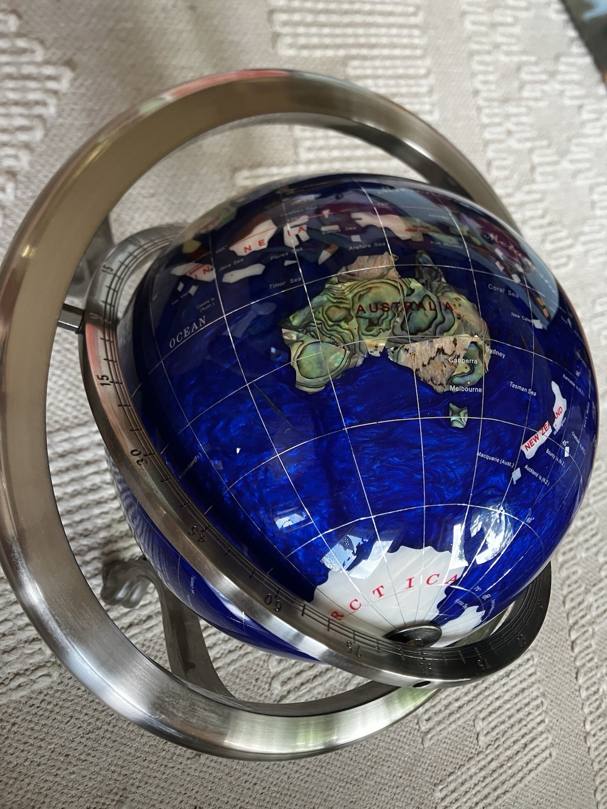 Blue Gemstone Tabletop World Globe w/ Rotating Silver Metal Base Compass