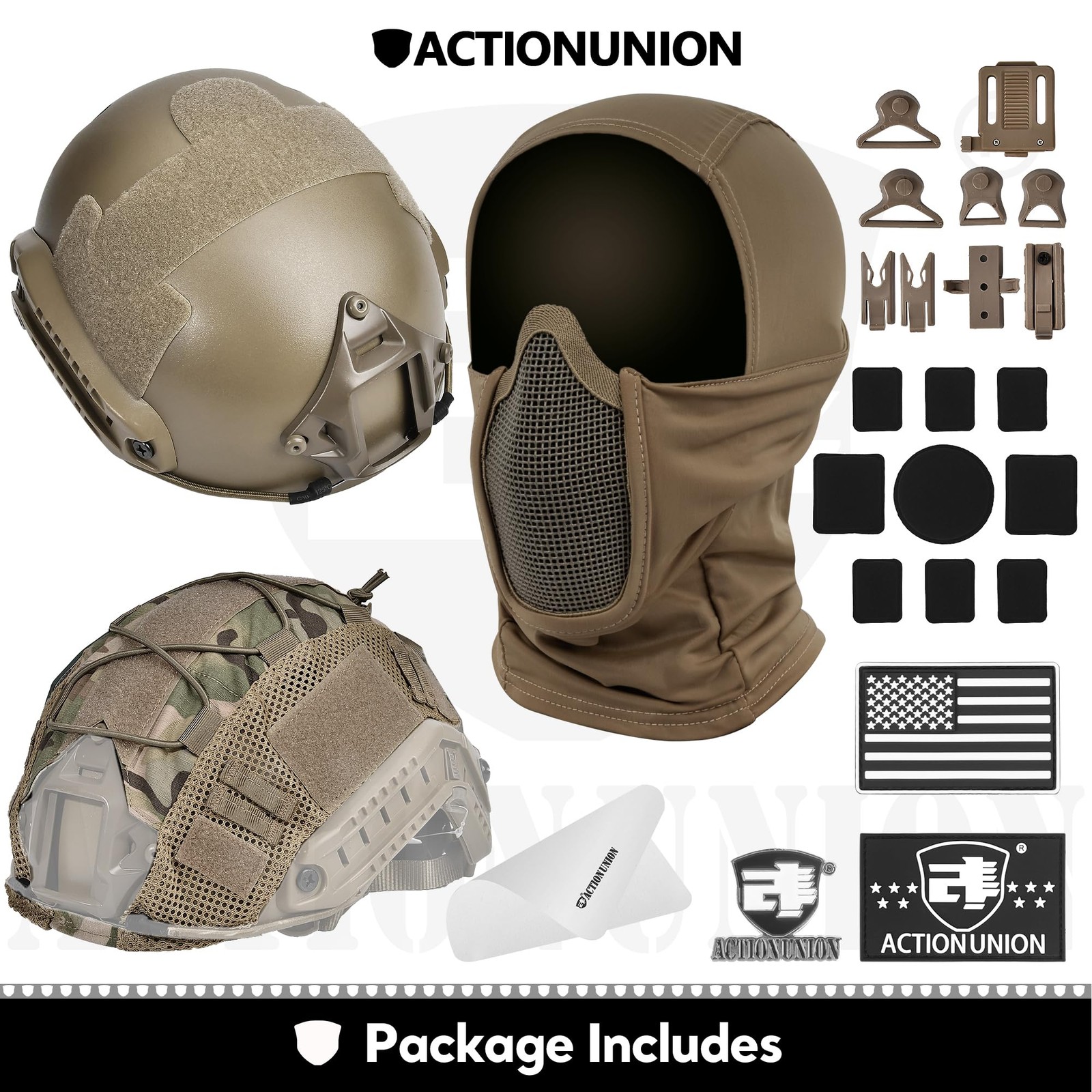 ACTIONUNION Airsoft Helmet and Mask Set Tactical Paintball Medium, Tan