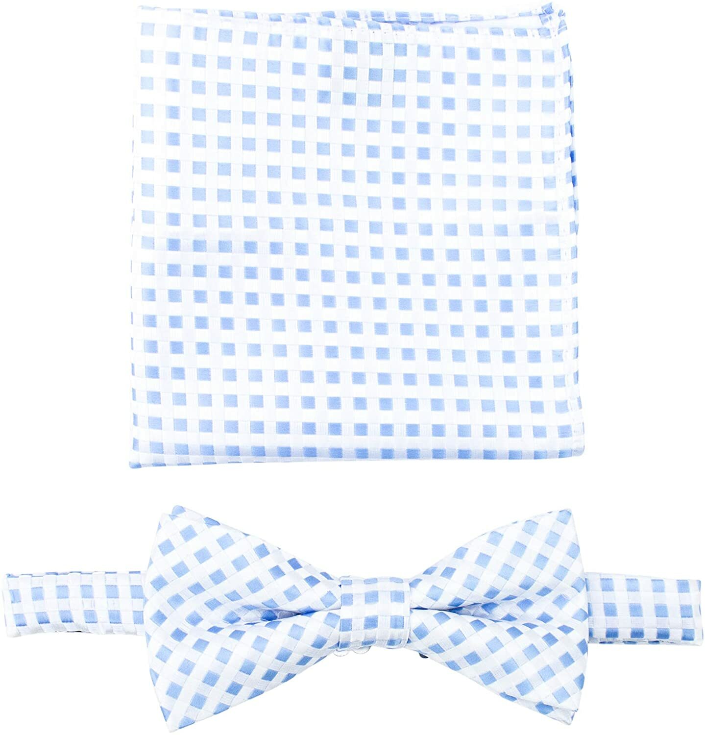 Pre-Tied Light Blue & White Bowtie and Pocket Square Set - Checkered Tuxedo Set